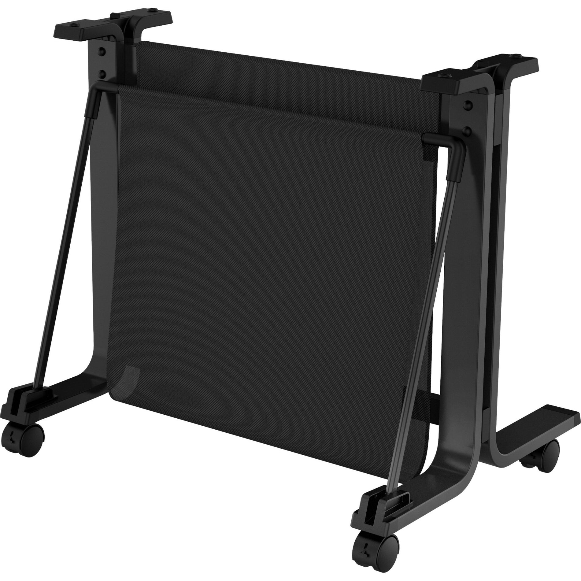 Front view of HP DesignJet T200/T600 printer stand showing black frame construction with casters-alternate-image1