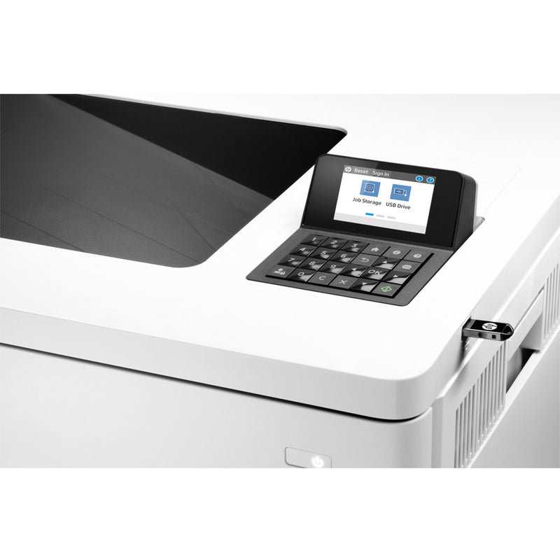 Close-up view of HP LaserJet Enterprise M554dn's touchscreen interface and keypad