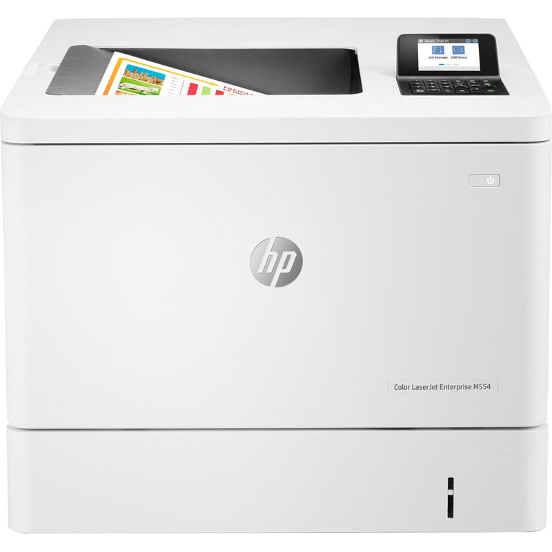 Front view of HP LaserJet Enterprise M554dn printer in white showing touchscreen display and paper output tray