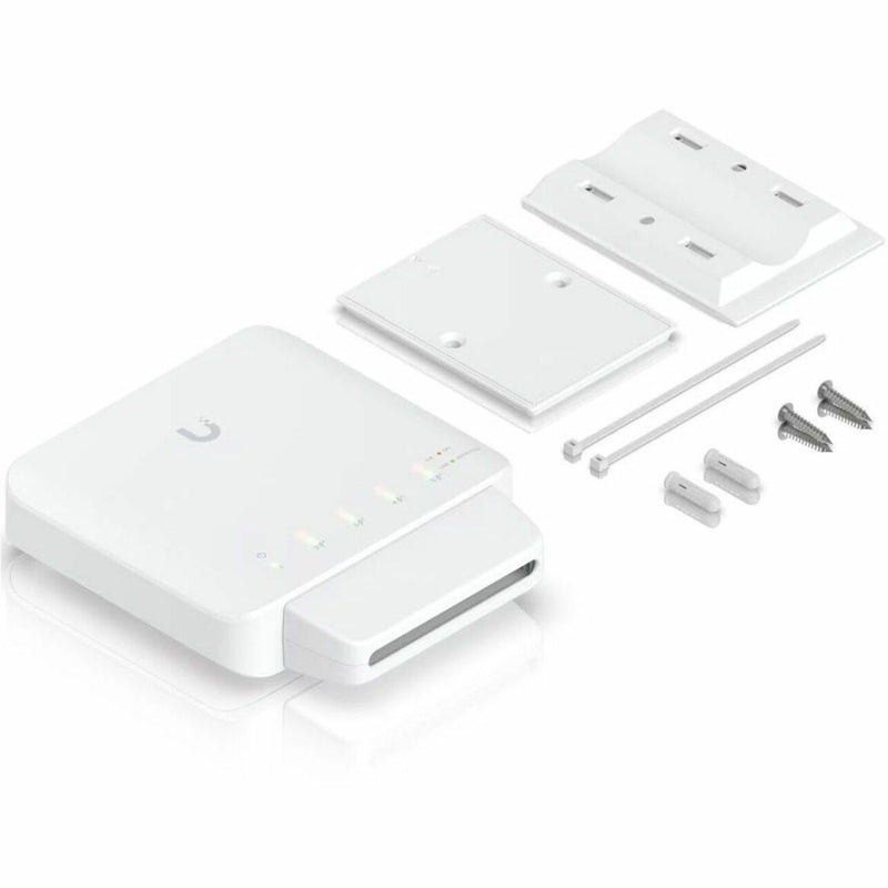 Exploded view of UniFi Switch Flex components including mounting plates, cable ties, and installation hardware