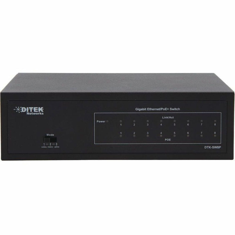 Front view of DITEK DTK-SW8P 8-port Gigabit PoE+ switch showing LED indicators and mode selection switch