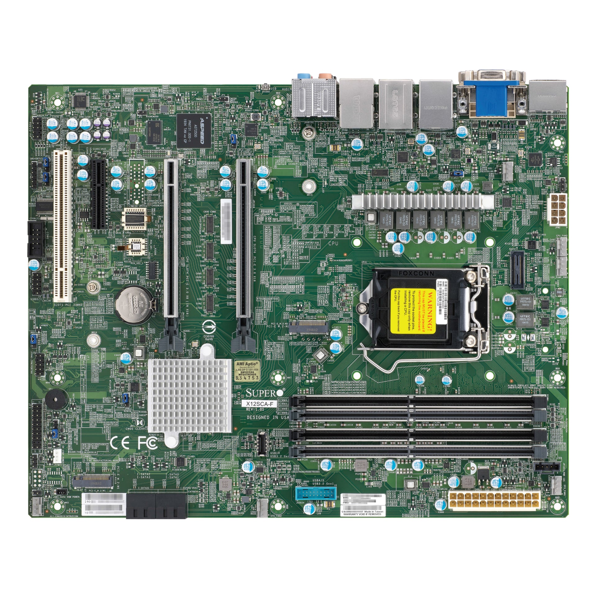 Top-down view of Supermicro X12SCA-F W480 ATX motherboard showing CPU socket, memory slots, PCIe slots, and various connectors on a green PCB-alternate-image1