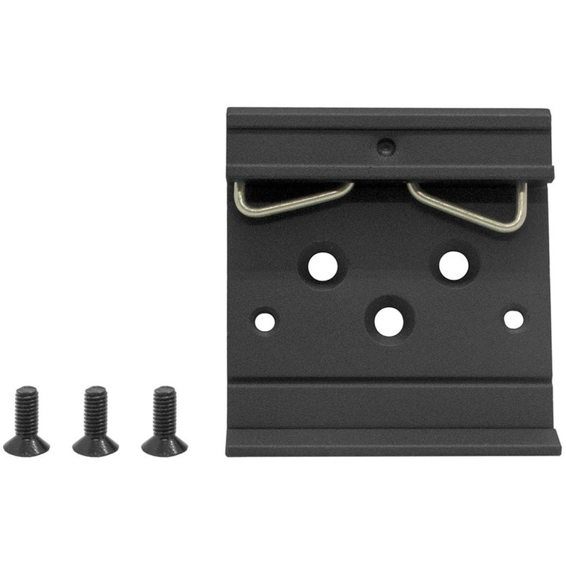 Side angle view of DRBH-01 DIN rail bracket showing dual retention clips and mounting hole pattern