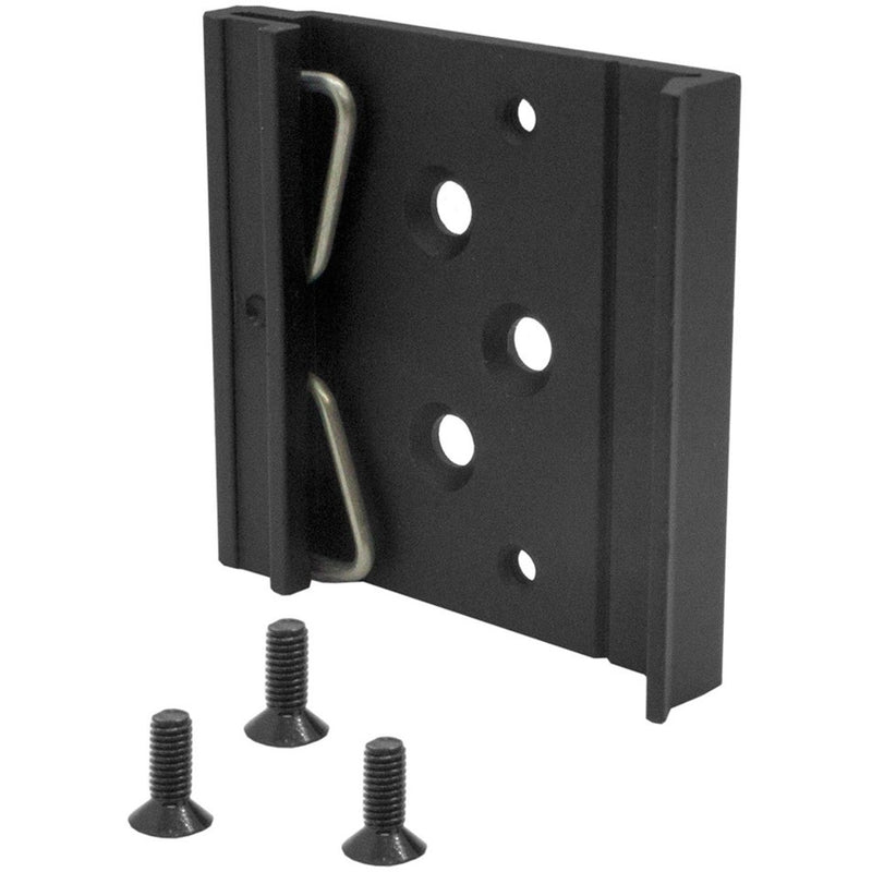 Front view of Transition Networks DRBH-01 DIN rail mounting bracket with three mounting screws and metal retention clips