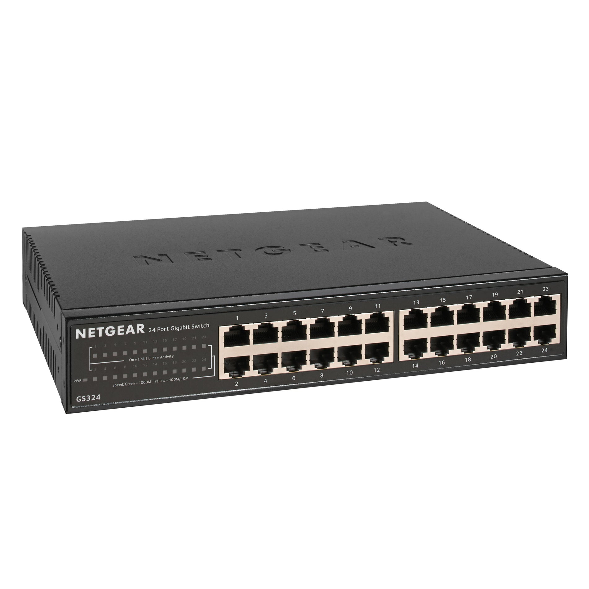 Perspective view of NETGEAR GS324 switch emphasizing its professional design and port layout-alternate-image3