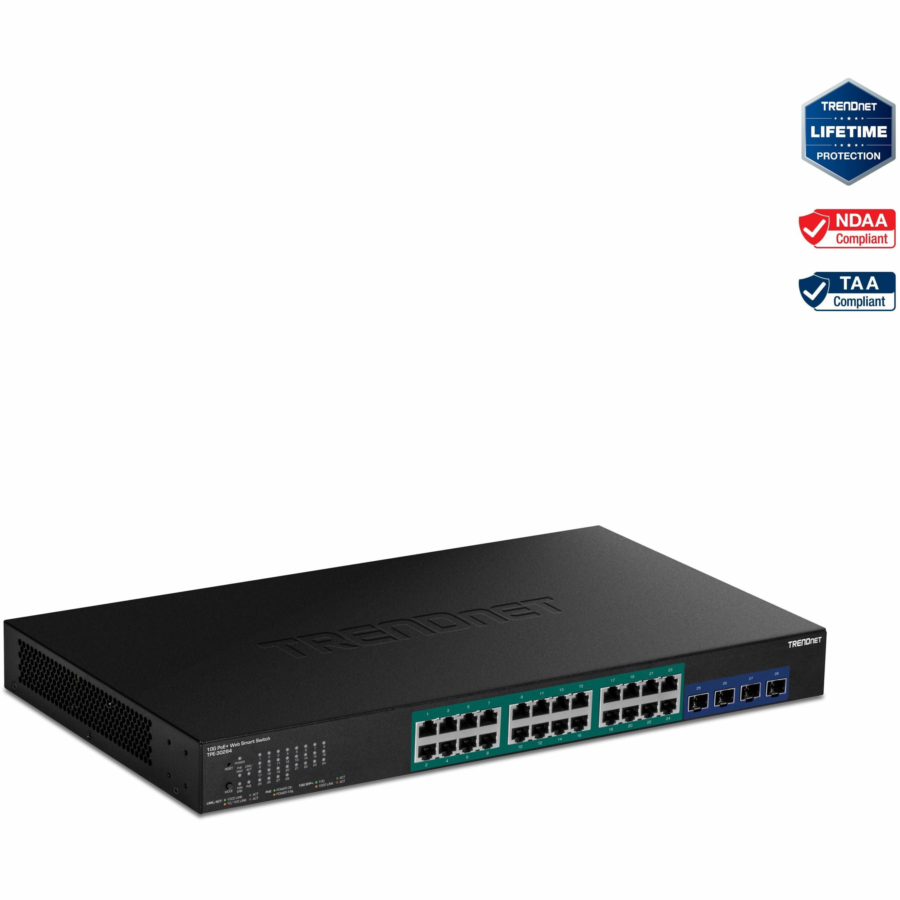 TRENDnet TPE-30284 28-Port Gigabit Web Smart PoE+ Ethernet Switch, 24x PoE+ Ports, 4x 10G SFP+ Slots, 370W Power Budget, VLAN QoS LACP Support, IPv4/IPv6 Routing (Lifetime Warranty)