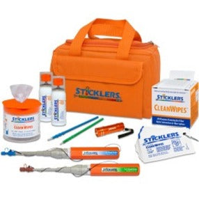 Sticklers Fiber Optic Cleaning Kit MCC-FK08 displayed with orange carrying case and complete set of cleaning supplies including wipes, solutions, and specialized tools-alternate-image1