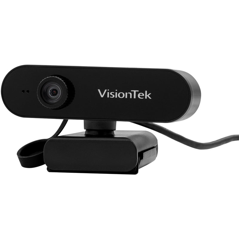 Side angle view of VisionTek webcam showing mounting clip and USB cable