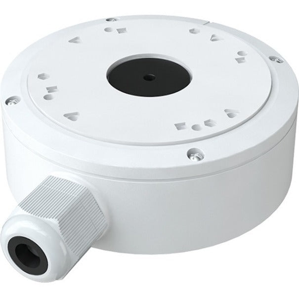 White circular junction mounting box for Digital Watchdog T9 turret camera with cable entry point and mounting holes-alternate-image1