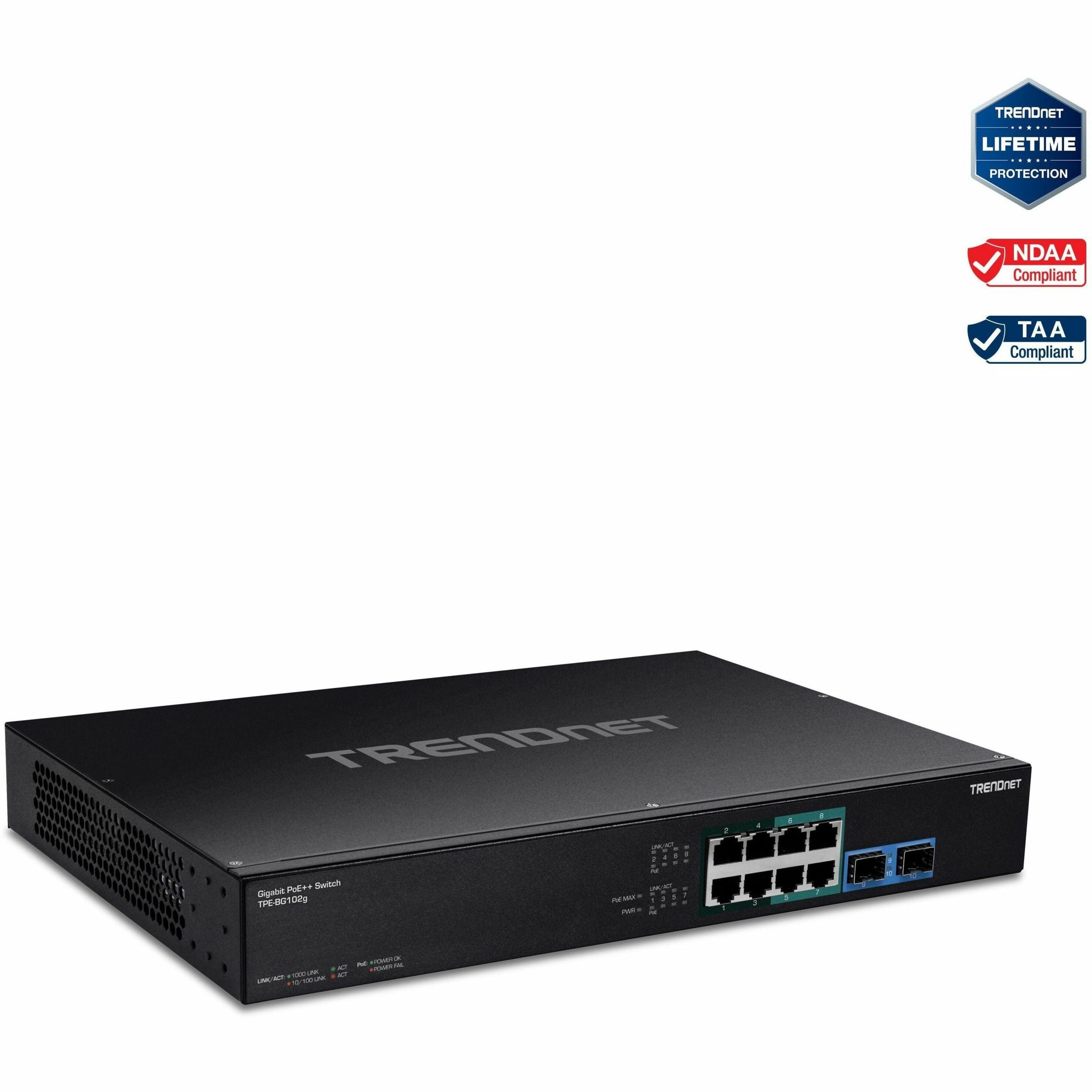 Interruptor TRENDnet TPE-BG102g de 10 Puertos Gigabit 240W PoE++ con 4 Puertos PoE++ de 95W - 4 Puertos PoE+ de 30W - 2 Slots SFP Gigabit Presupuesto PoE de 240W - Montaje en Rack de 1U de 19