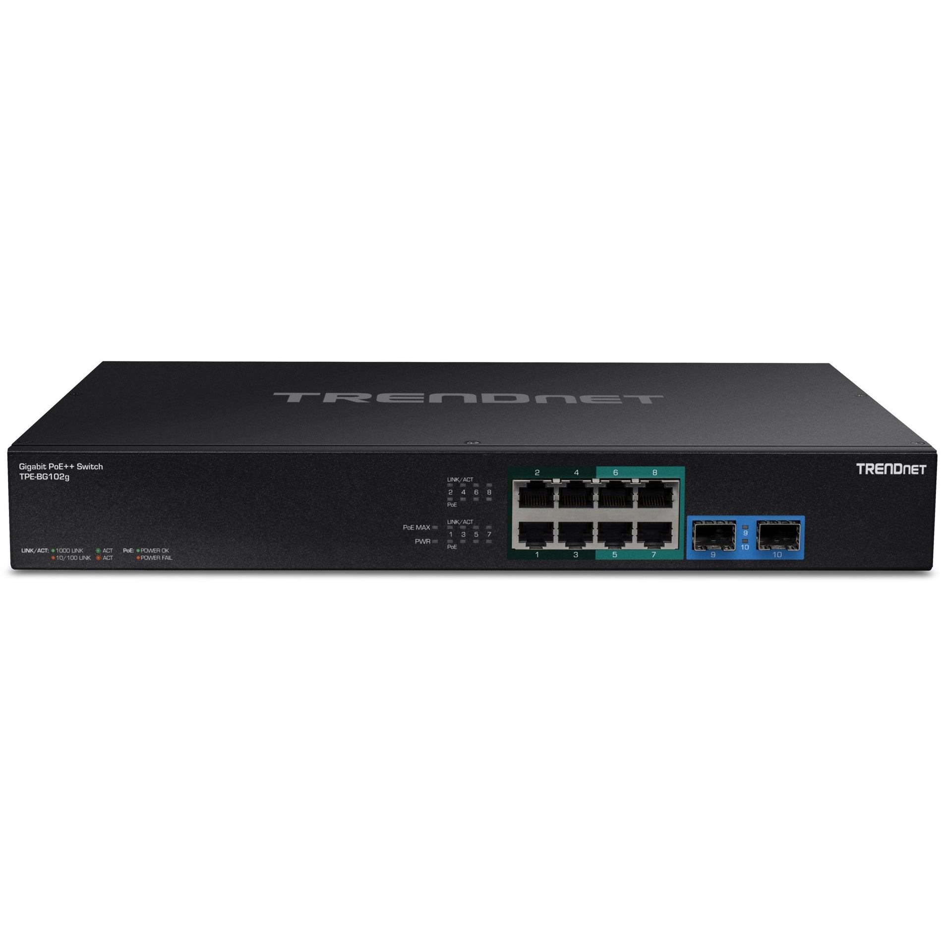 Interrupteur PoE++ 240W à 10 ports Gigabit TRENDnet TPE-BG102g avec 4 ports PoE++ de 95W - 4 ports PoE+ de 30W - 2 emplacements SFP Gigabit budget PoE de 240W - Montable en rack 1U 19"