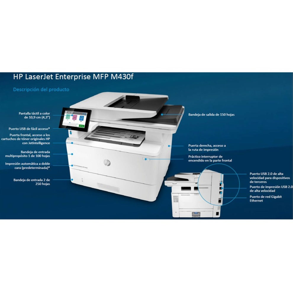 Detailed feature diagram of HP LaserJet M430f with Spanish annotations-alternate-image5