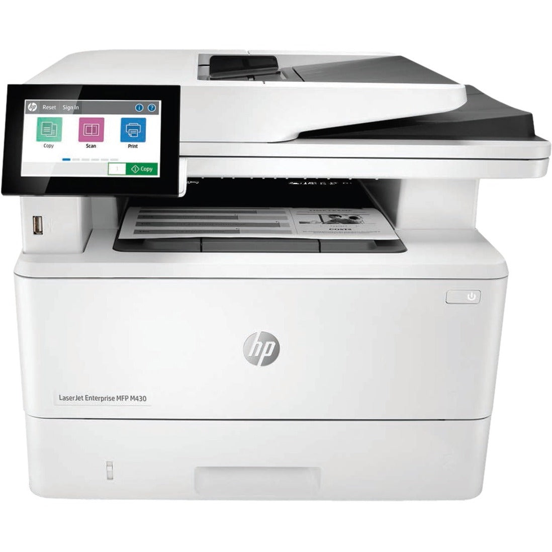 Side angle view of HP LaserJet M430f showing professional design and paper handling features-alternate-image2