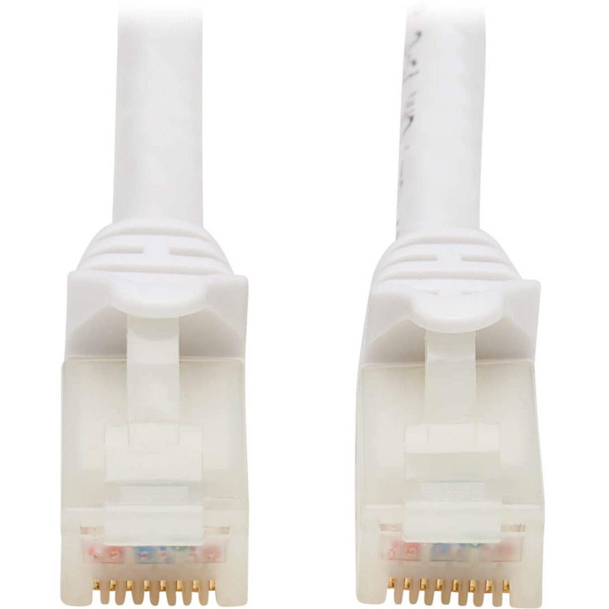 Close-up view of white RJ45 connectors with gold-plated contact pins for Cat6a network cable-alternate-image1