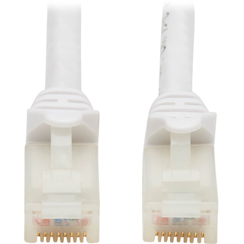 Close-up view of white RJ45 connectors with gold-plated contact pins for Cat6a network cable