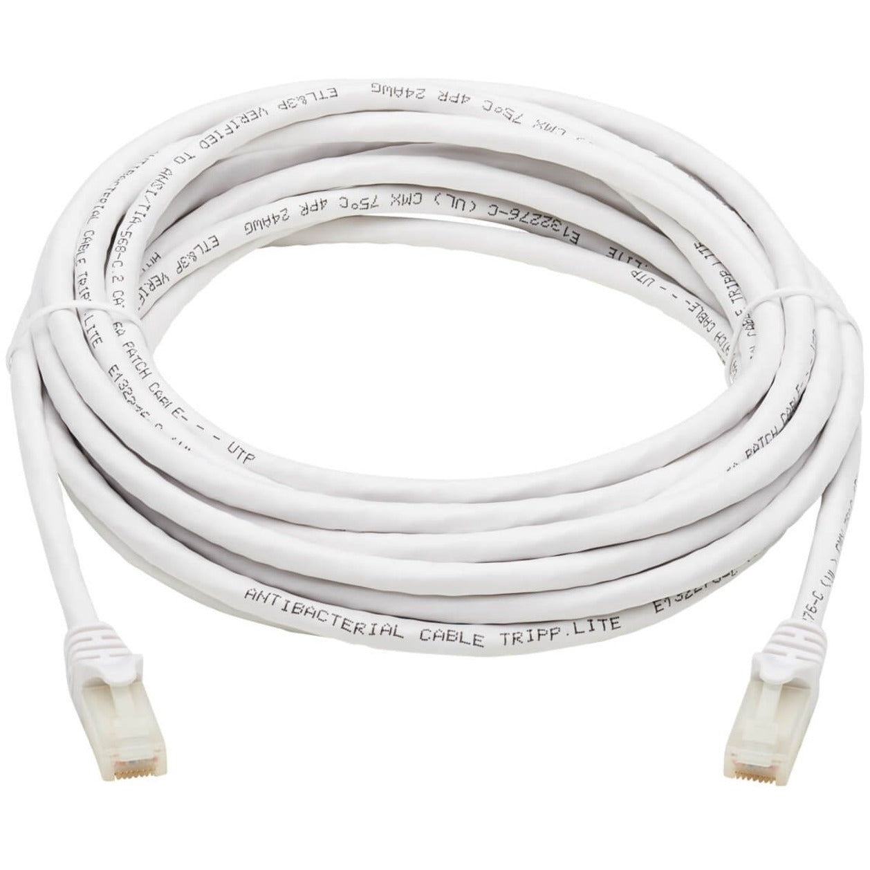 Full view of white Cat6a cable with RJ45 connectors showing cable coil and markings-alternate-image3