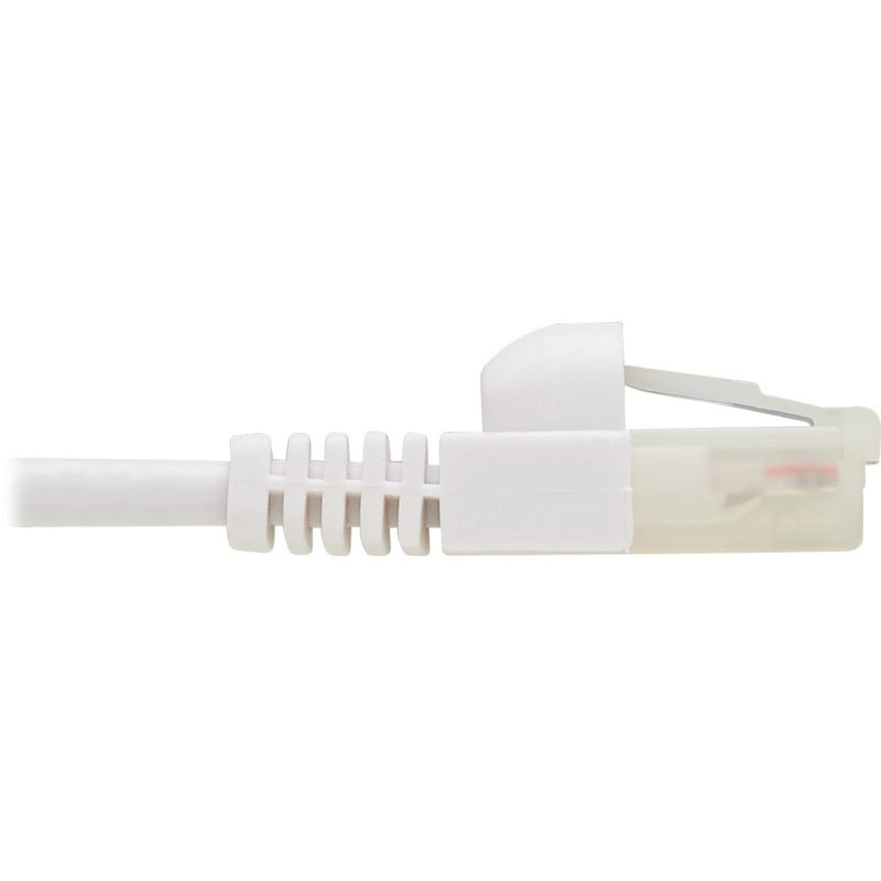 Side profile of white Cat6a cable connector showing strain relief boot