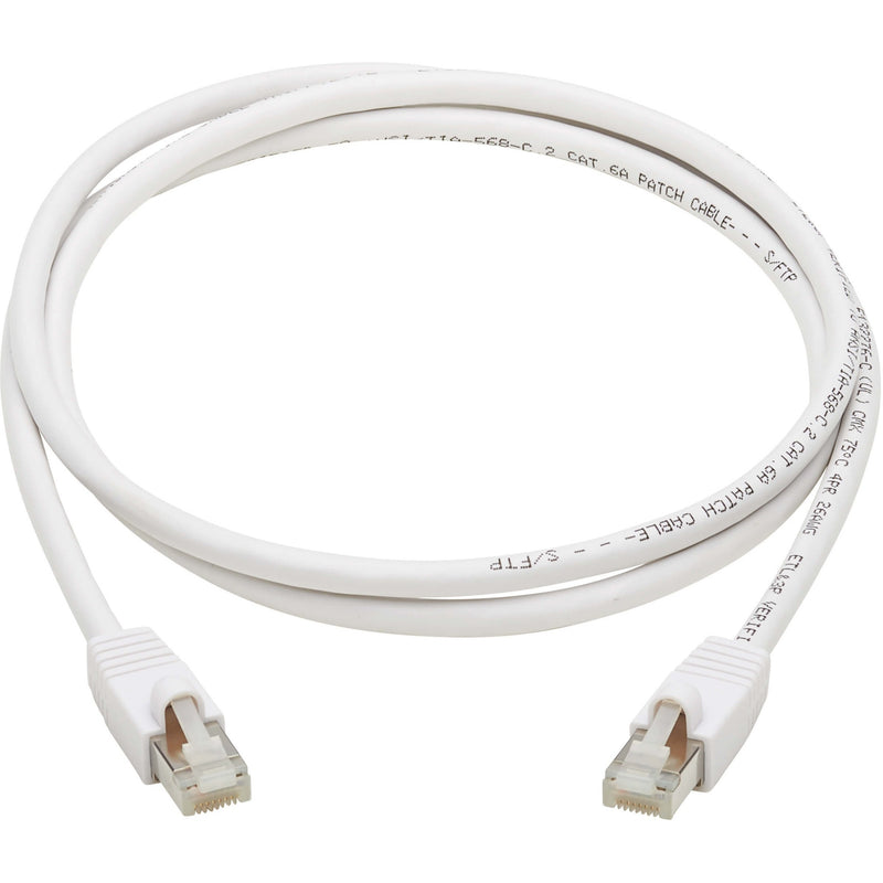 Full length view of white Cat6a network cable with RJ45 connectors