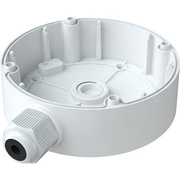 White aluminum junction mounting box for Digital Watchdog MV9 Series cameras showing circular design with cable entry point-alternate-image1