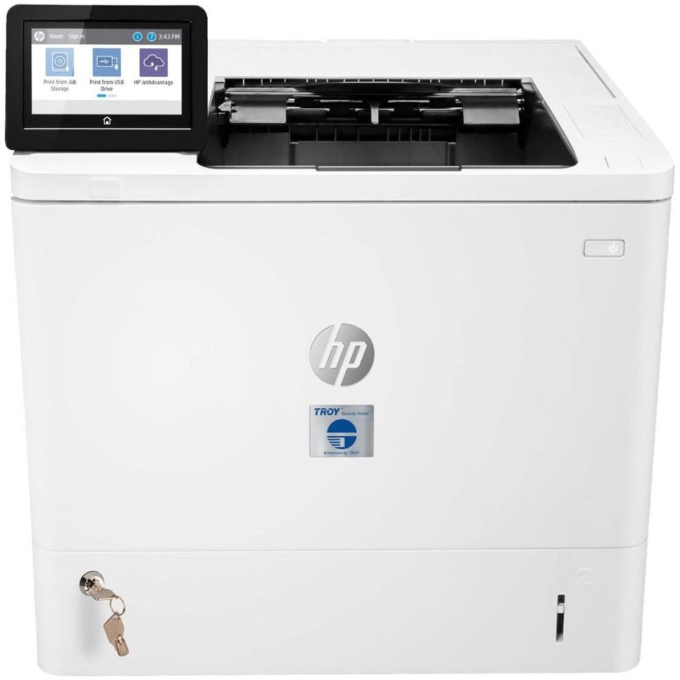 Troy M610DN laser printer featuring touchscreen display and keyed locking tray, front view with HP and Troy branding-alternate-image1