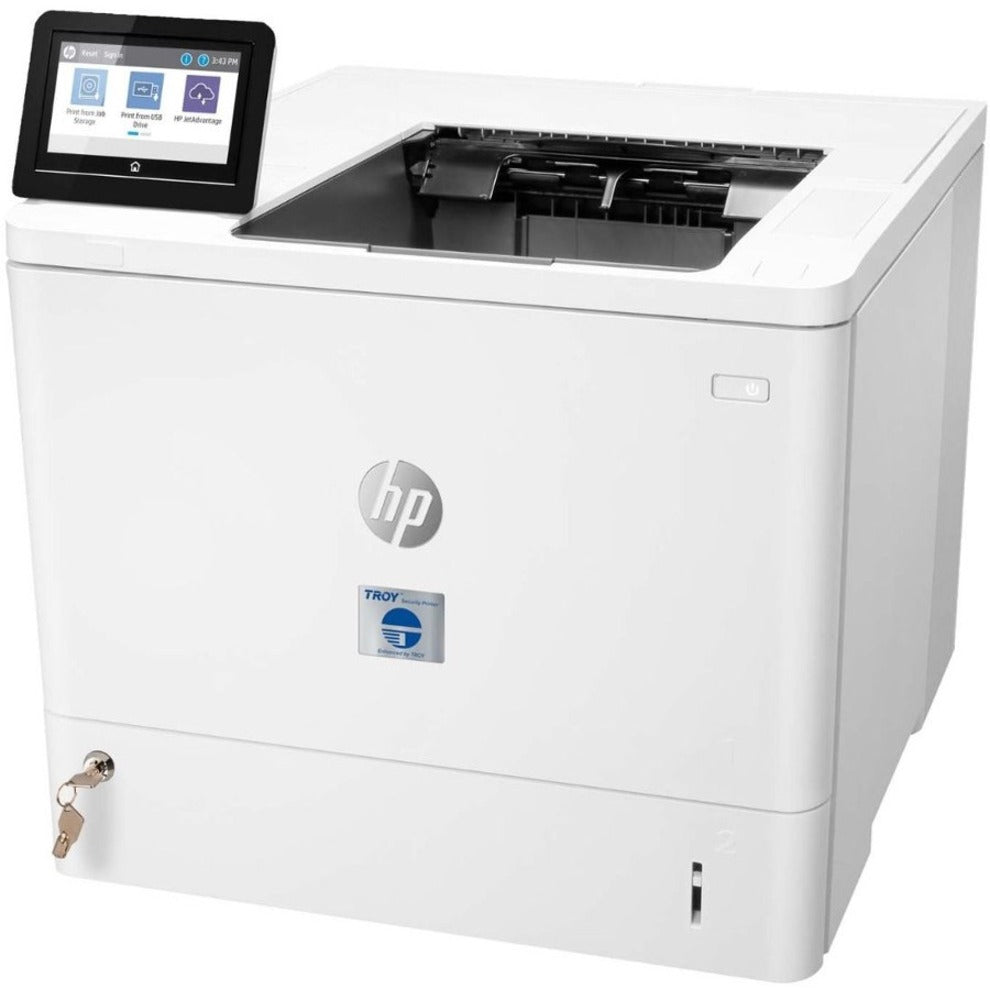 Side angle view of Troy M610DN printer showing touchscreen interface and secure paper tray with lock-alternate-image2