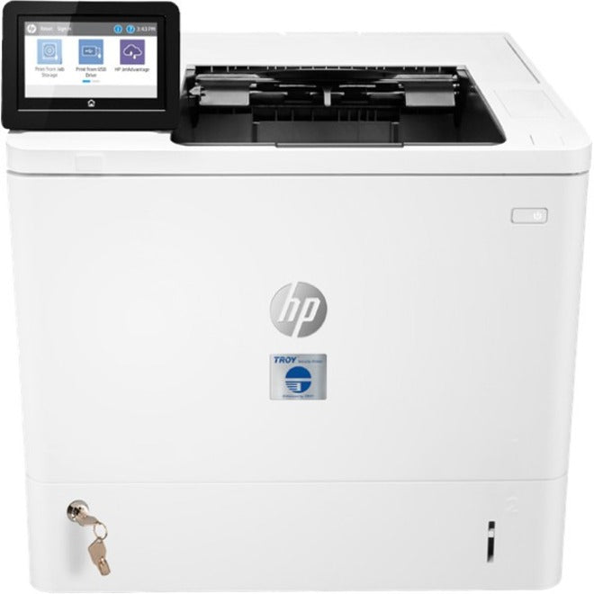 White TROY M611DN laser printer with large touchscreen display, secure paper tray lock, and TROY security badge