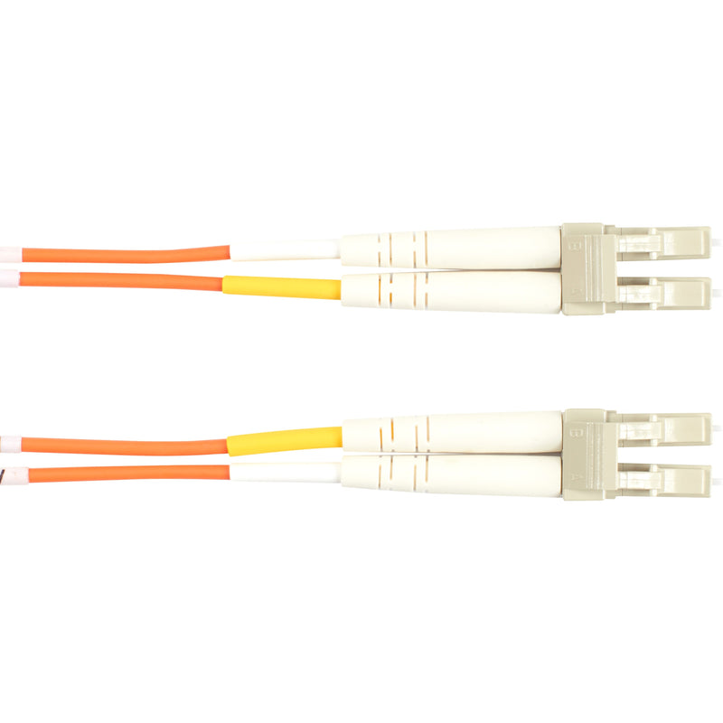 Close-up view of Black Box fiber optic cable LC connectors showing dual terminations and orange cable jacket