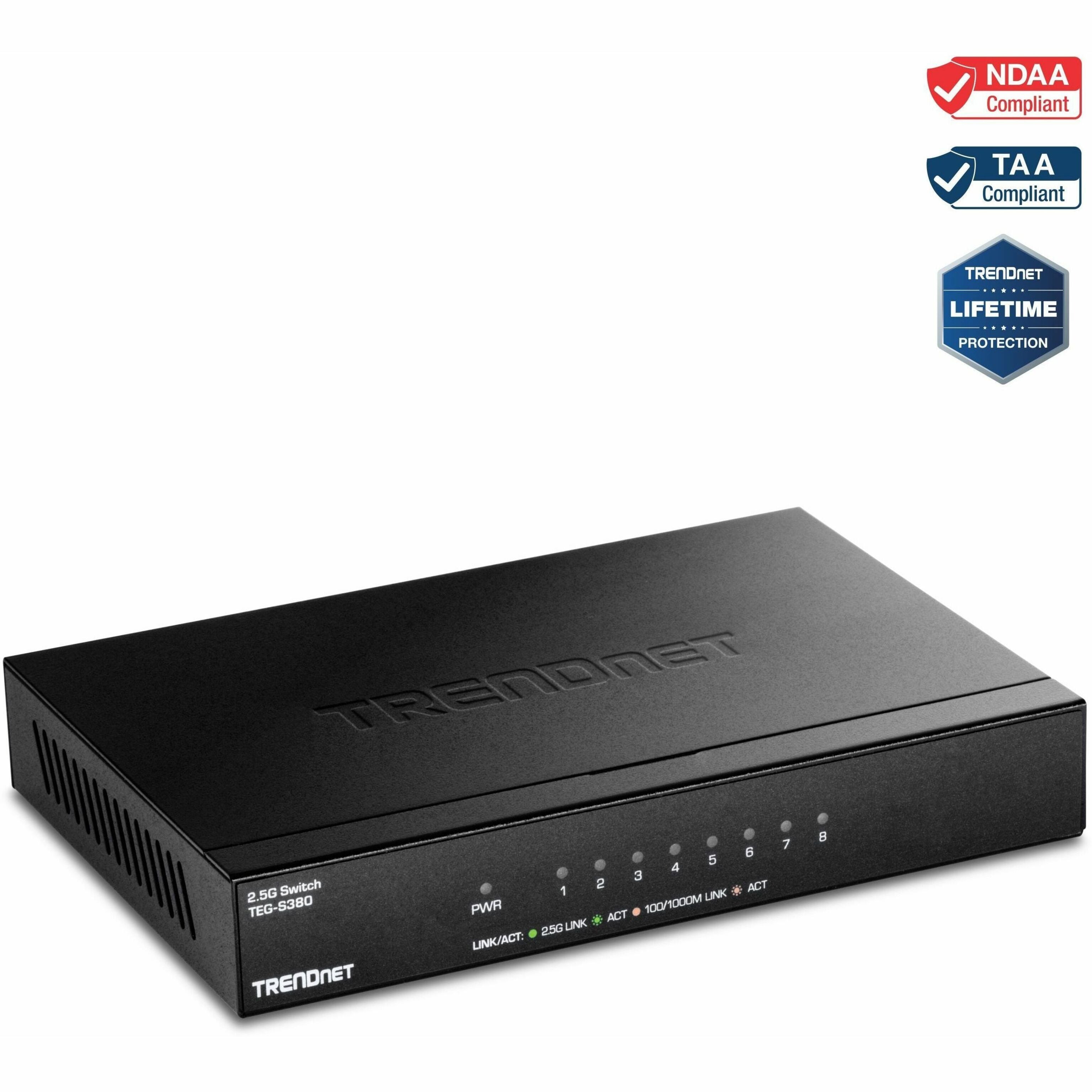 Switch no gestionado TRENDnet de 8 puertos 2.5G 8 puertos 2.5GBASE-T capacidad de conmutación de 40Gbps compatible hacia atrás con dispositivos de 1000Mbps sin ventilador montable en pared negro TEG-S380