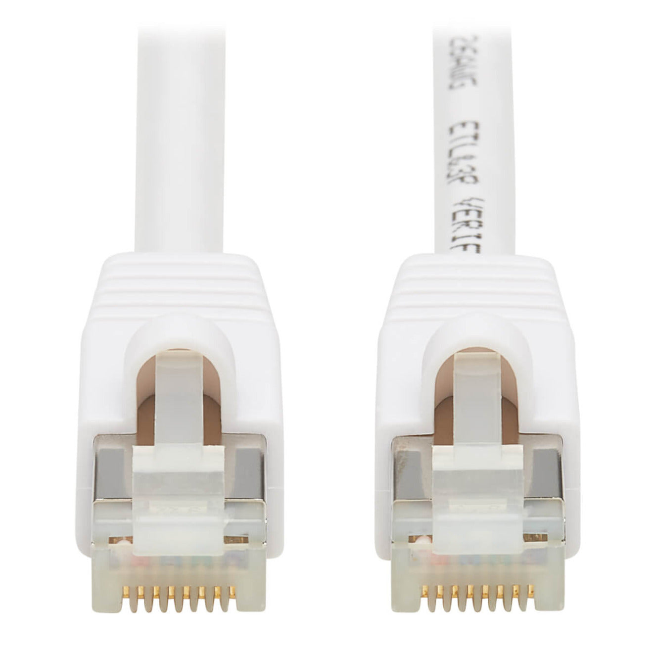 Close-up view of white Cat6a cable ends showing gold-plated RJ45 connectors with snagless boots-alternate-image1