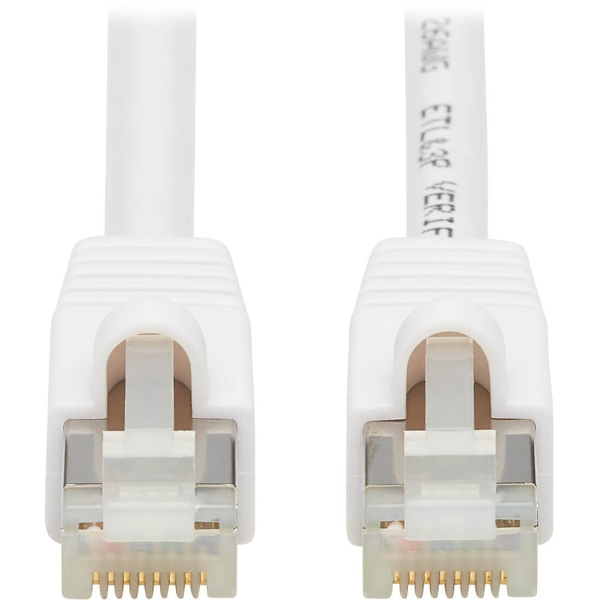 Close-up view of white RJ45 connectors with gold-plated contacts and snagless design-alternate-image1