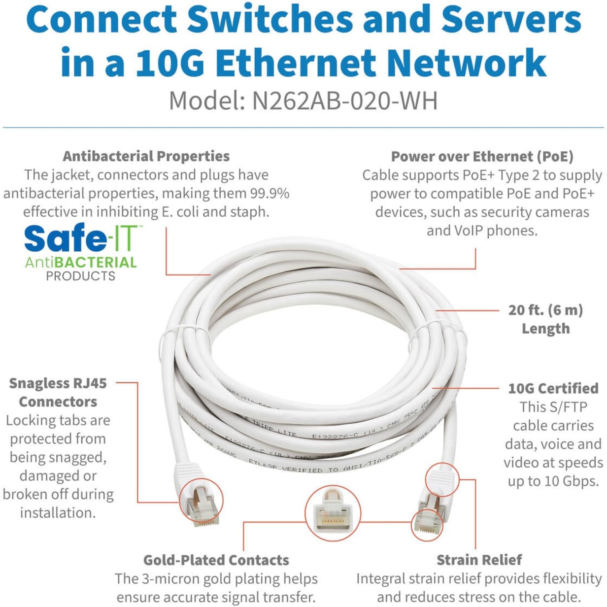 تريبيلايت بواسطة Eaton كابل Ethernet CAT6A بطول 20 قدم مضاد للبكتيريا بدون تشابك POE M/M 20 قدم (N262AB-020-WH)