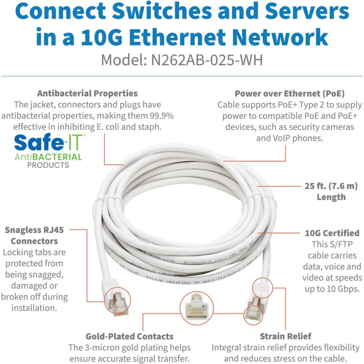 Tripp Lite by Eaton 25FT SAFE-IT CAT6A ENET CABLE ANTIBACTERIAL SNAGLESS POE M/M 25FT (N262AB-025-WH)