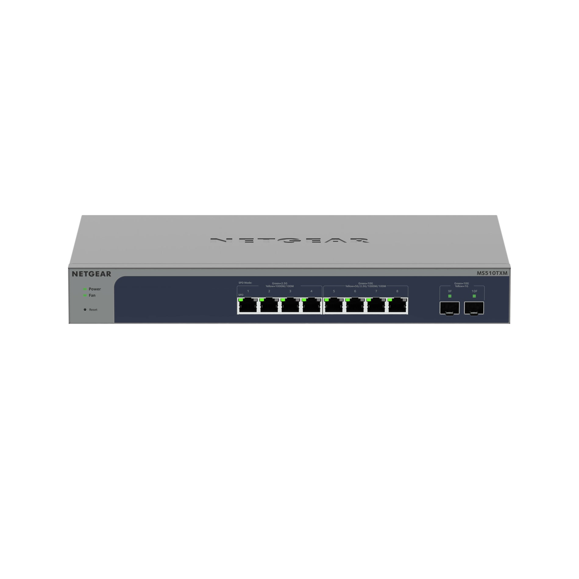 Front view of Netgear MS510TXM switch showing 8 Ethernet ports and 2 SFP+ ports with LED indicators-alternate-image1