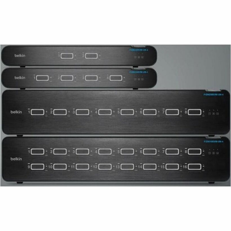 Multiple Belkin Secure KVM Switch models showing different port configurations