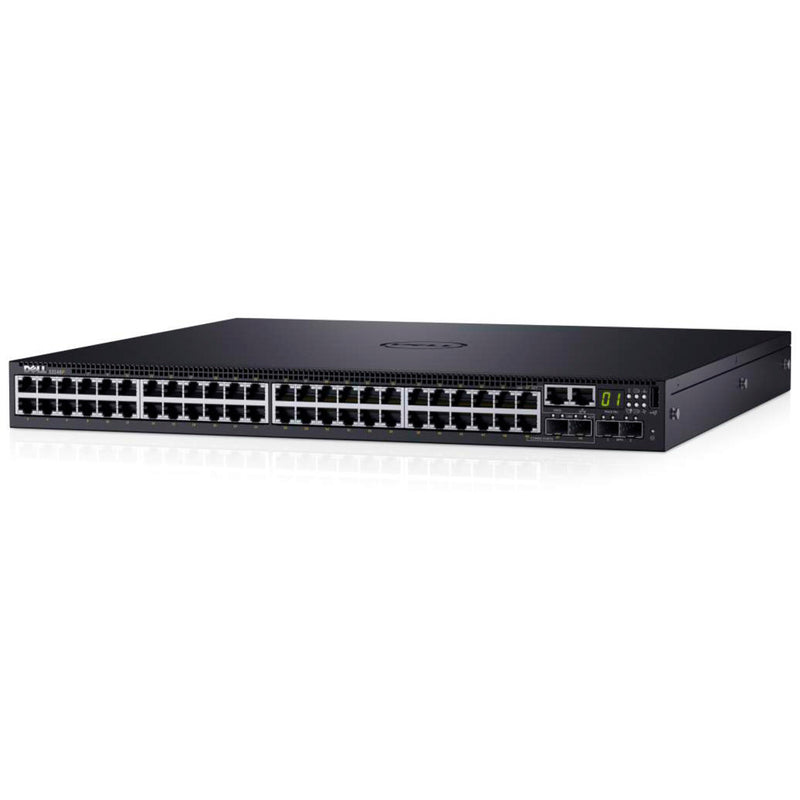 Angled view of Dell EMC PowerSwitch S3124P Ethernet switch showing port layout and cooling vents