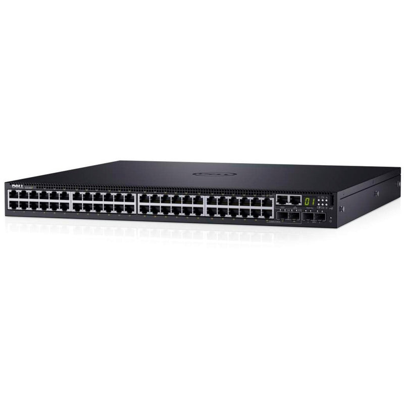 Front view of Dell EMC PowerSwitch S3124P Ethernet switch showing 24 PoE+ ports, LED indicators, and uplink ports in black chassis