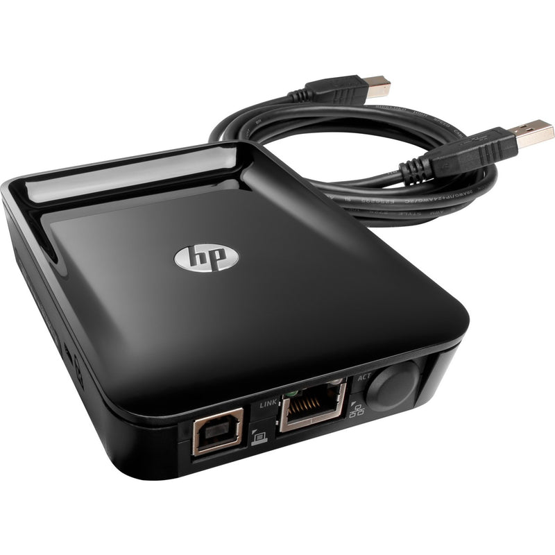 HP Jetdirect LAN Accessory showing USB ports and Ethernet connection with attached cable