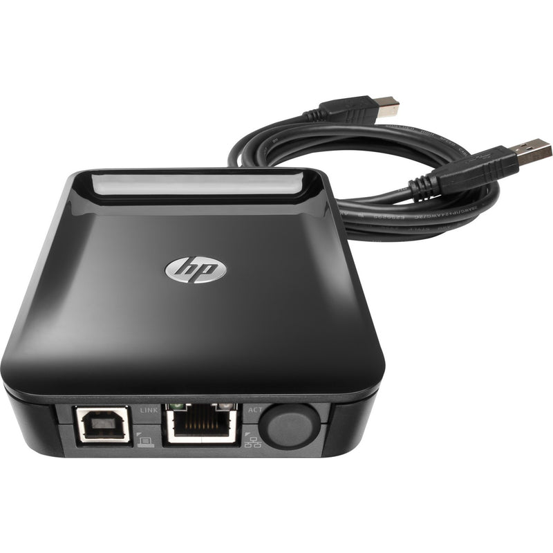 Top-down view of HP Jetdirect LAN Accessory emphasizing cable management and compact design