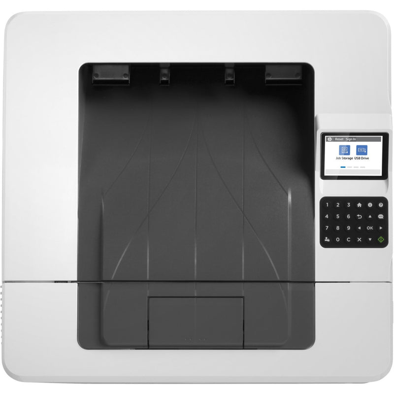 Top view of HP LaserJet M406dn showing control panel and paper output area