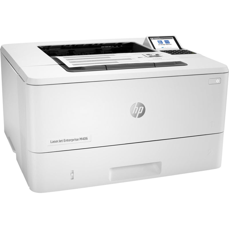 Front angled view of HP LaserJet Enterprise M406dn printer in white with touchscreen display