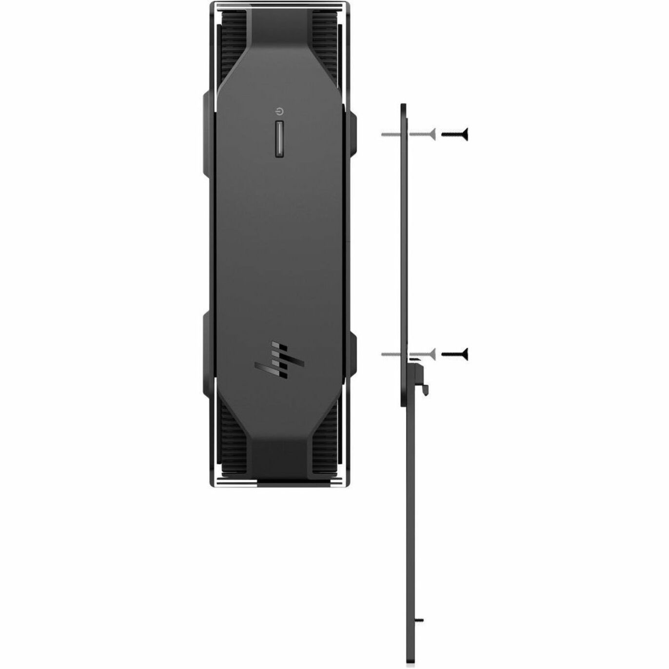 Top-down view of HP B550 PC Mounting Bracket with device retention system and mounting hardware-alternate-image3