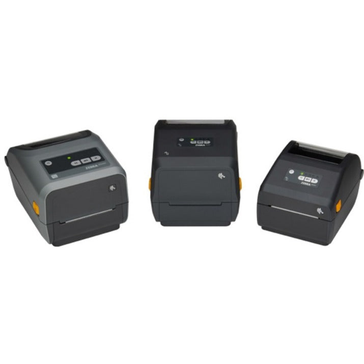 Three Zebra ZD421 thermal transfer printers shown side by side, displaying compact desktop design with control panels-alternate-image1