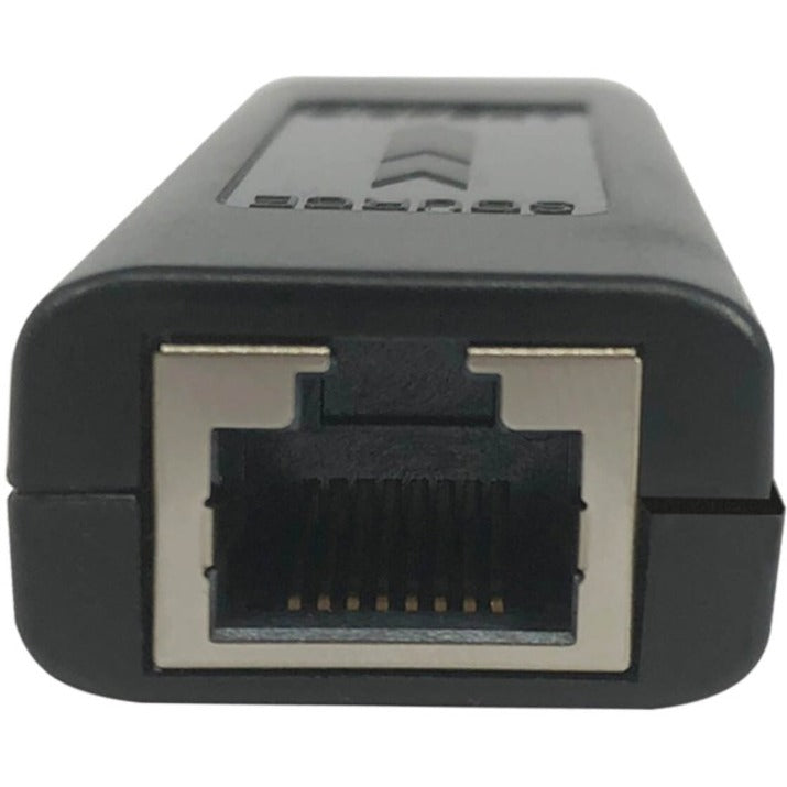 Detailed front view of RJ45 port on HDMI repeater showing metal contacts and connector housing