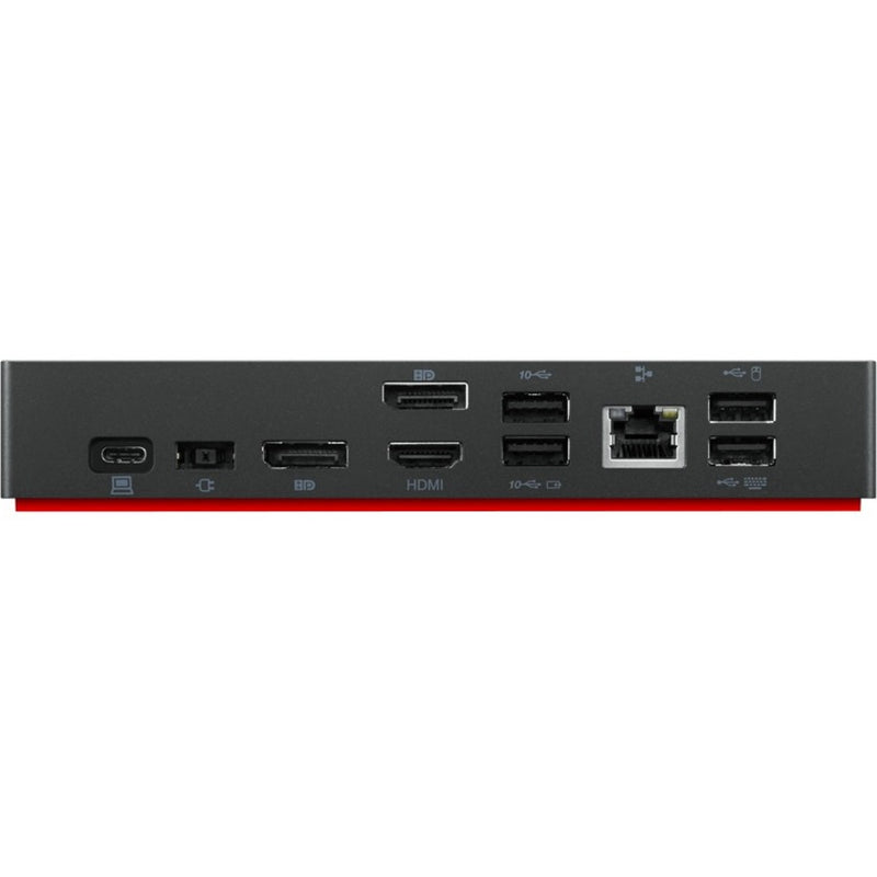 Detailed view of ThinkPad dock's complete port selection including HDMI, DisplayPort, and Ethernet