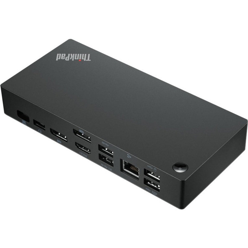 Angular view of ThinkPad Universal USB-C Dock showing sleek design and port layout