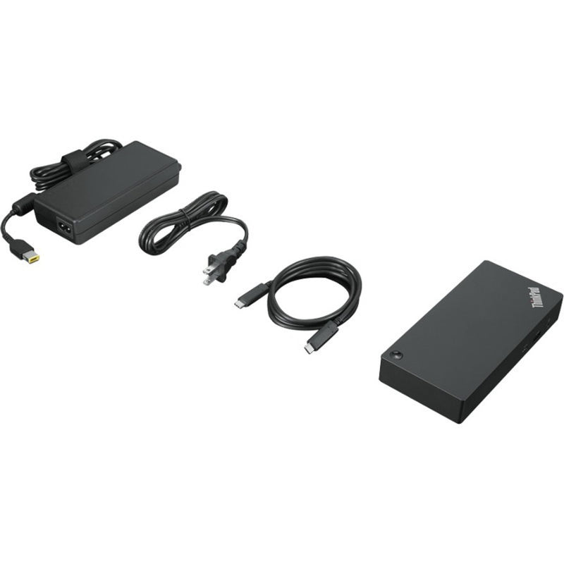 Complete package contents of ThinkPad Universal USB-C Dock including power adapter and cables