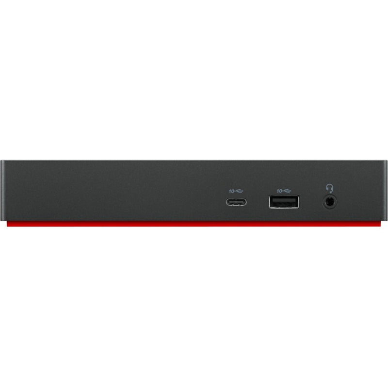 Close-up of ThinkPad dock's rear ports including USB-C, USB-A, and audio connections