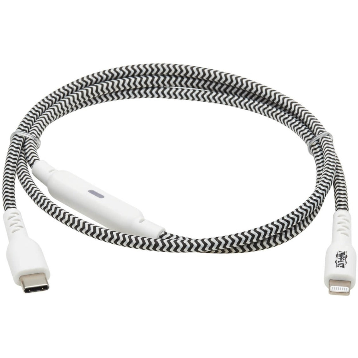 Full length view of Tripp Lite cable showing black and white chevron braided pattern-alternate-image2