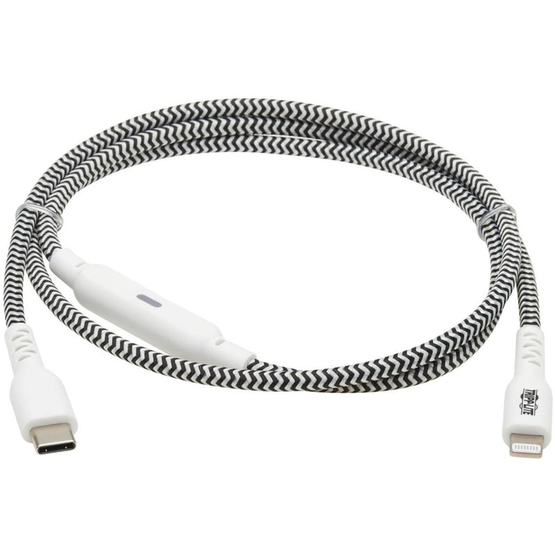 Full length view of Tripp Lite cable showing black and white chevron braided pattern