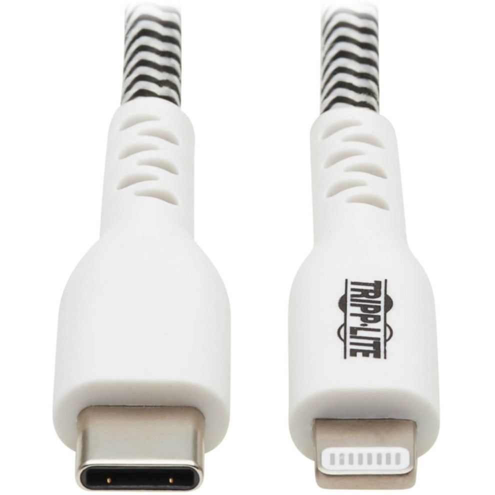 Close-up view of USB-C and Lightning connectors on Tripp Lite cable showing gold contacts and white housing-alternate-image1